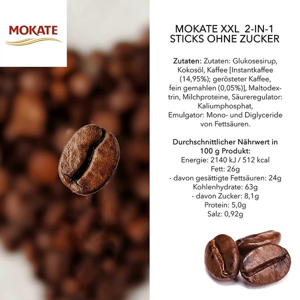 MOKATE XXL Classis 2-in-1 Ohne Zucker Bohnenkaffee 336g (24 x 14g)