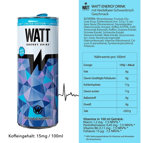 WATT Energy Drink Blue&Black Berries 24 x 250 ml (Pfandfrei)