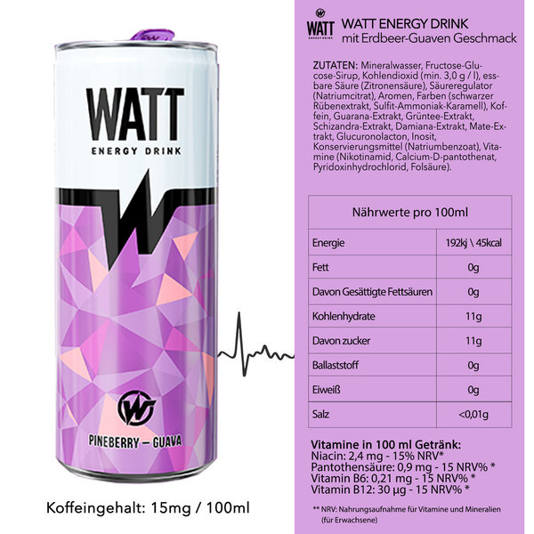 WATT Energy Drink Pineberry&Guava 24 x 250 ml (Pfandfrei)
