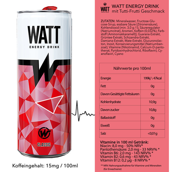 WATT Energy Drink Classic Tutti&Frutti 24 x 250 ml (Pfandfrei)